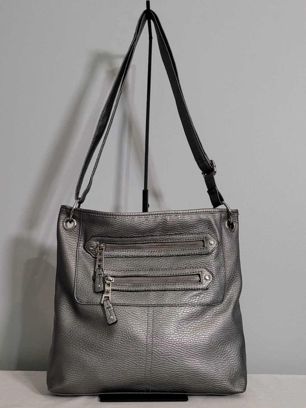 Silver Metallic Crossbody Bag Faux Leather Shoulder Purse Double Zip Pocket